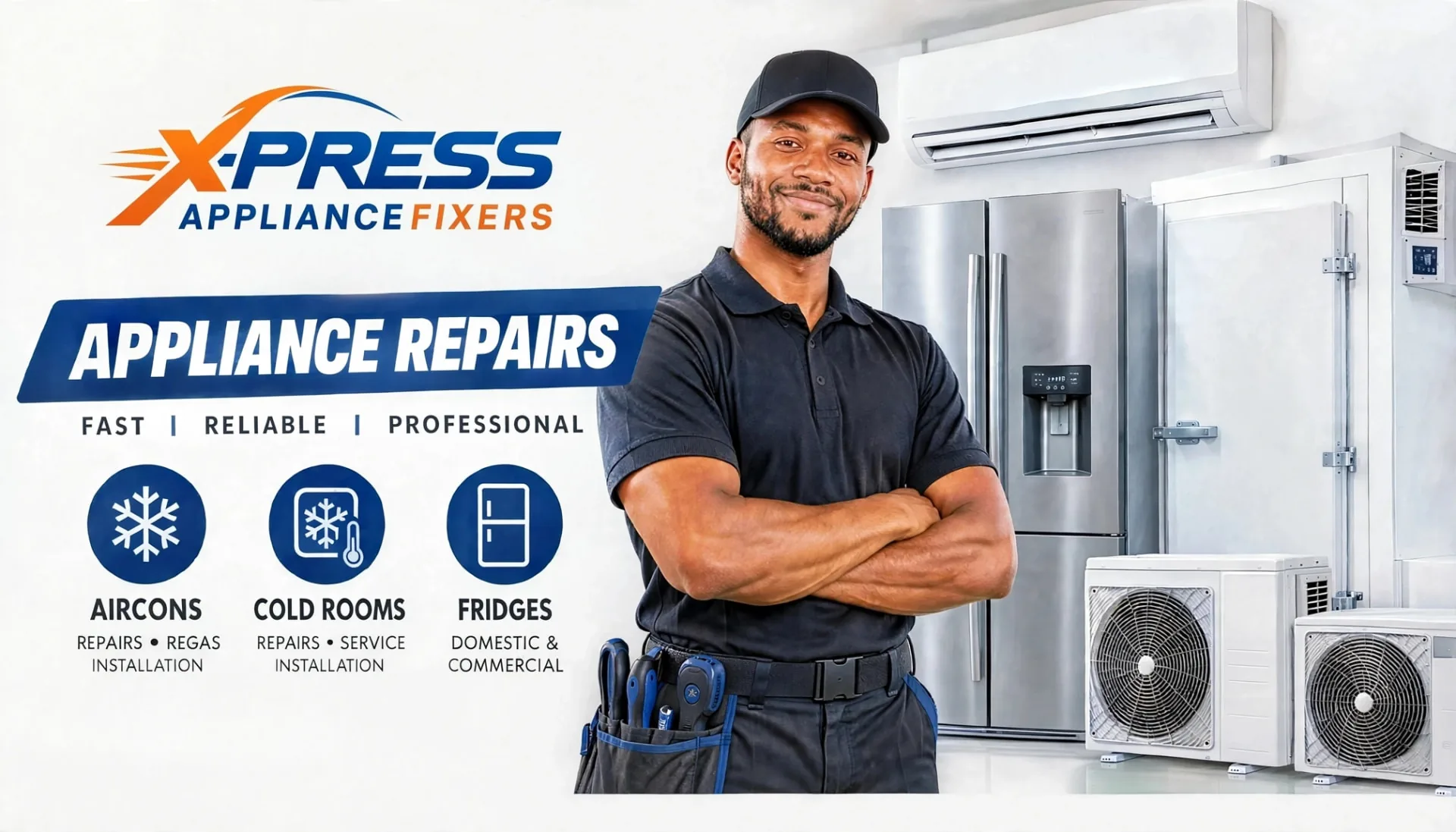 Xpress Appliance Fixers technician with aircons, cold rooms and fridges serving Midrand, Pretoria, Centurion, Cullinan and Bronkhorstspruit